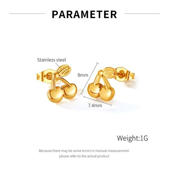 Dainty Cherry Gold Plating over Stainless Steel Ear Studs - Picture 6 of 7